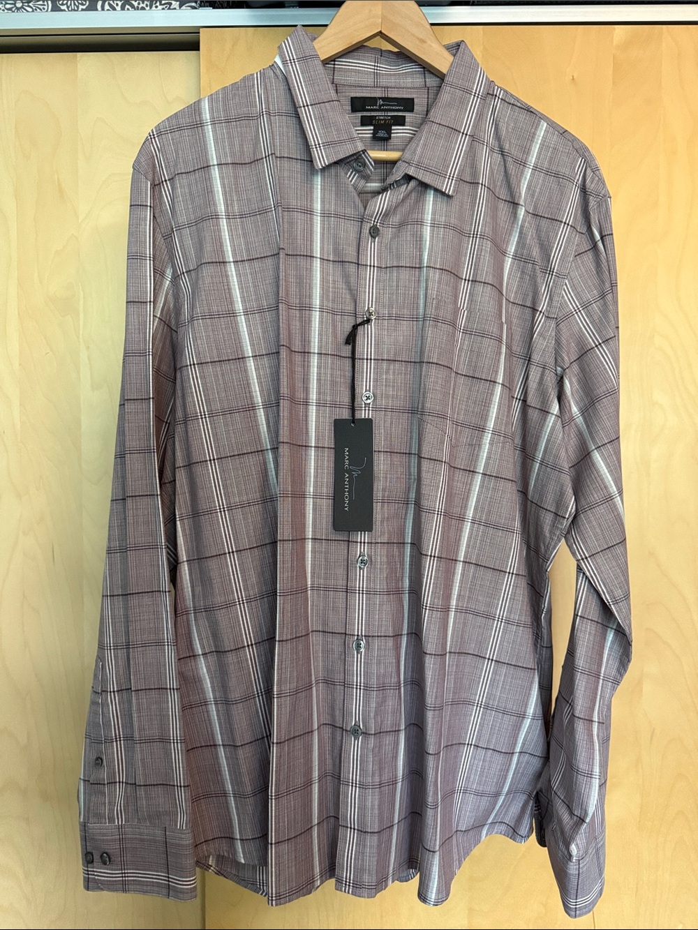 Marc Anthony Men’s wine Plaid Dress Shirt with Subtle White Stripes